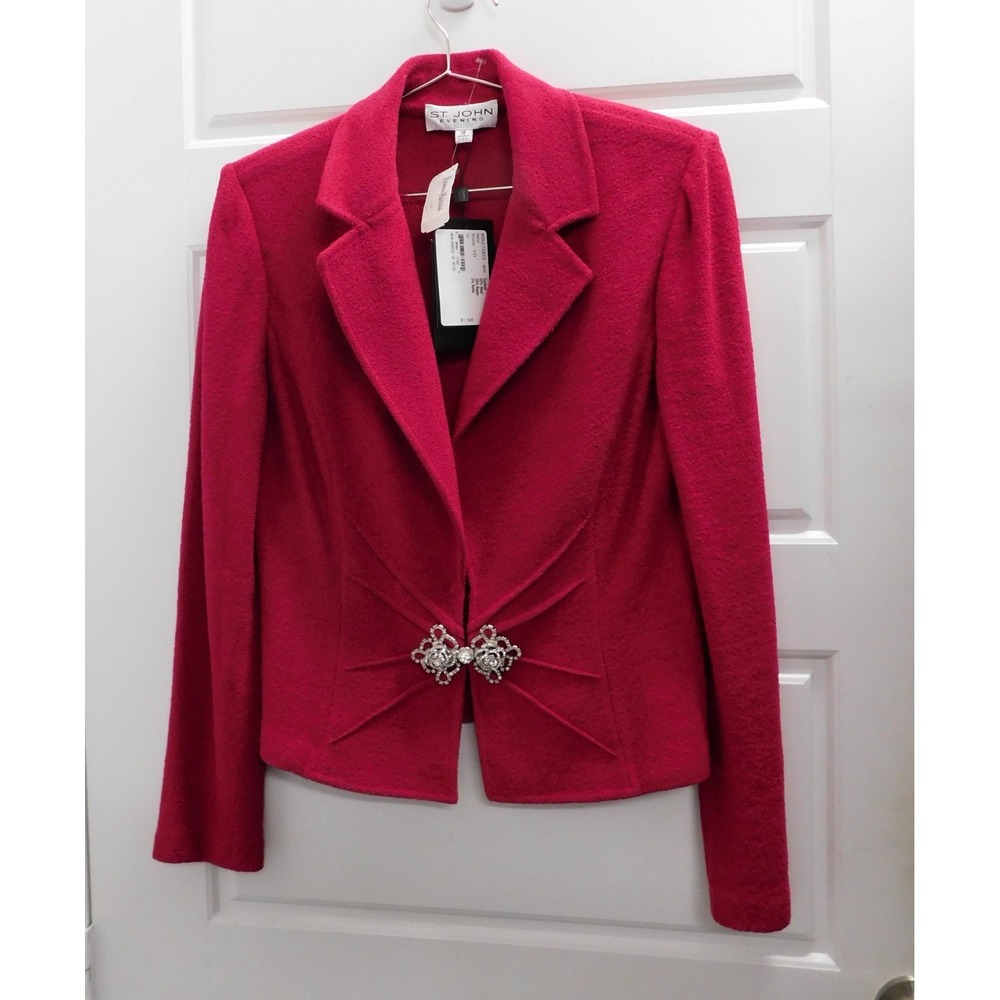 St John Evening Knit Jacket Berry Red Jeweled Clasp K627003 $1195rt sz 10 NWT